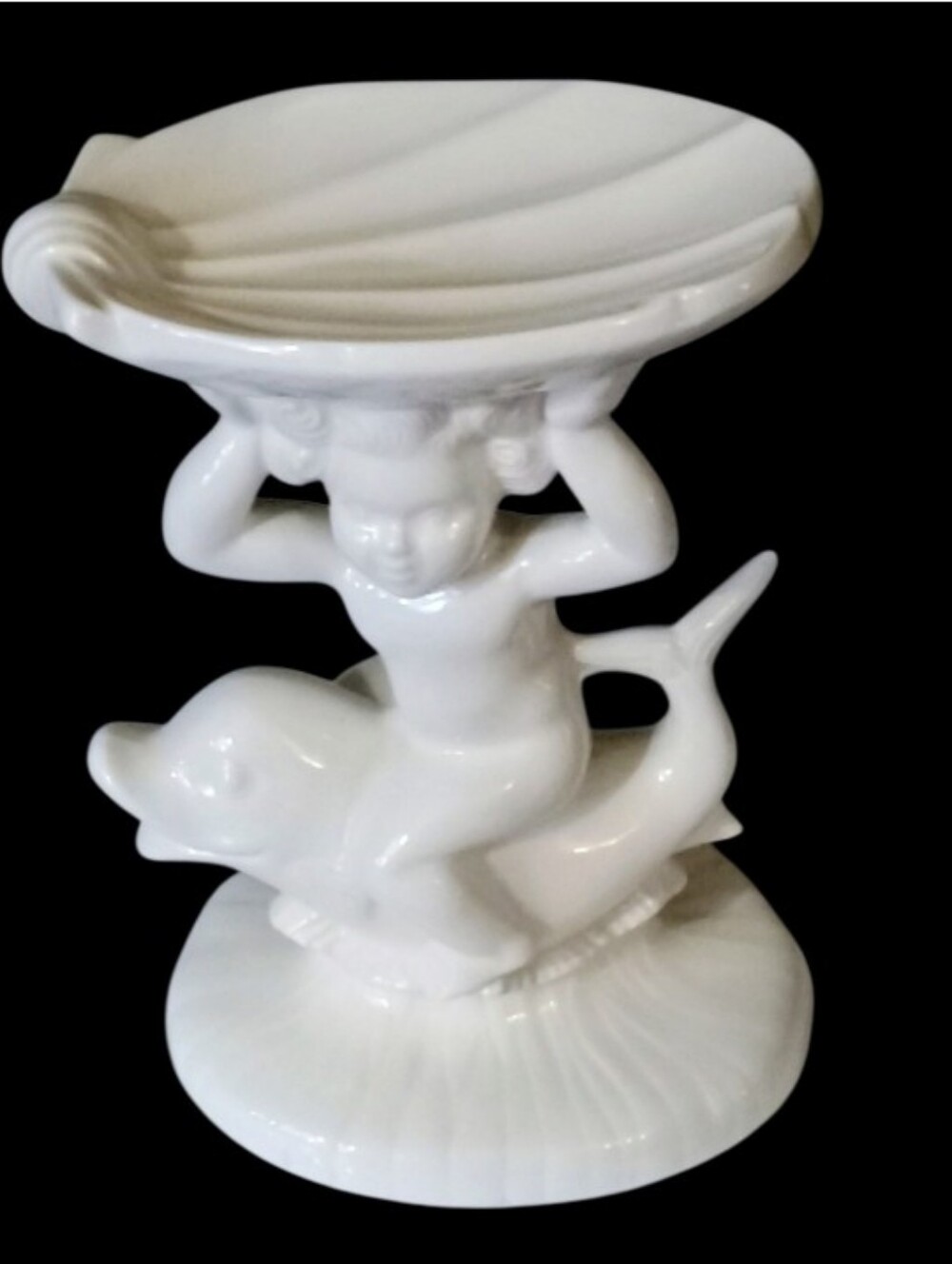 Vintage Holland Mold Cherub Holding Soap Dish Riding On Dolphin White Ceramic